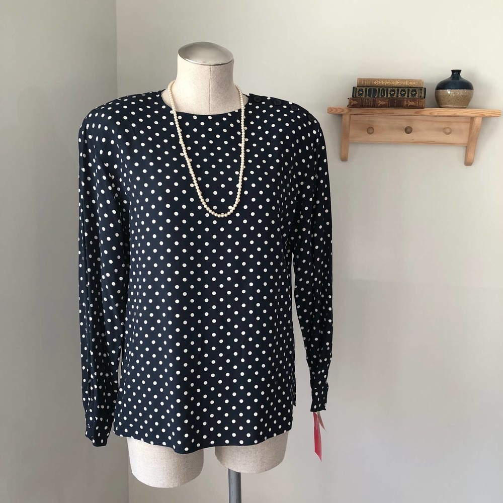 NWT vintage Liz Claiborne 4 polka dot blouse button long sleeve navy white 80s